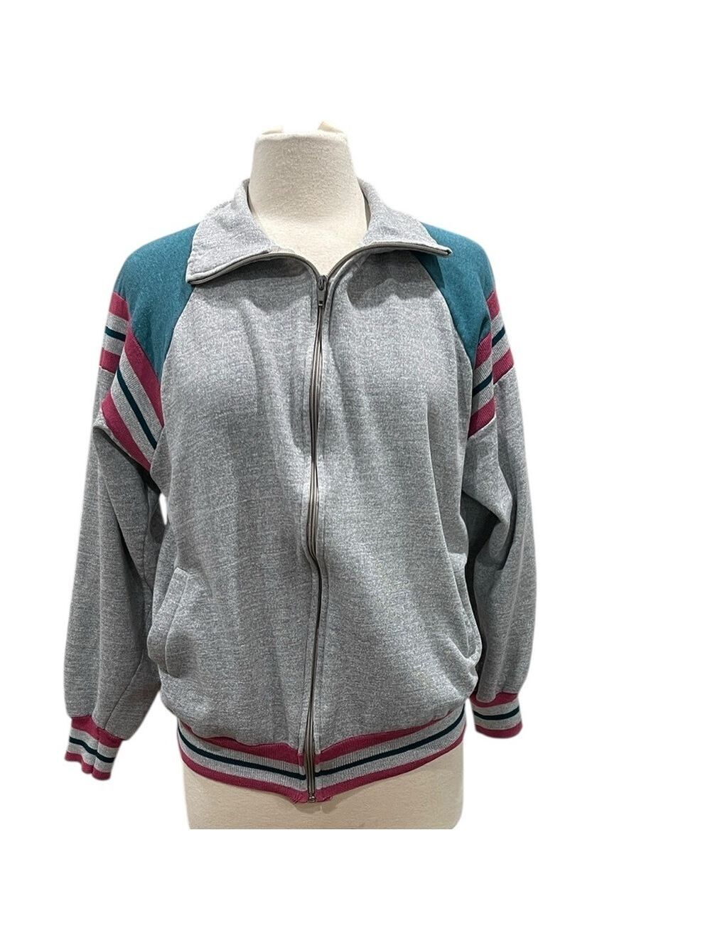 Vintage 90’s Color Block Stripe Zip Front Sweatshirt SZ M Grey Teal